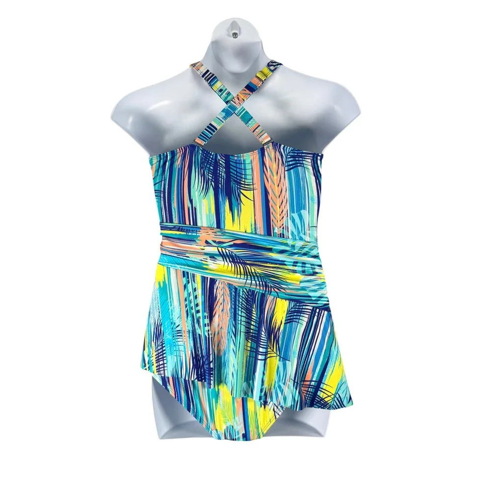 D&Co Beach Womens Blue Yellow Tropical Palm Halter Swimdress One Piece Size 12